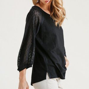 Umgee Round Black Detailed 3/4 Sleeve Top
